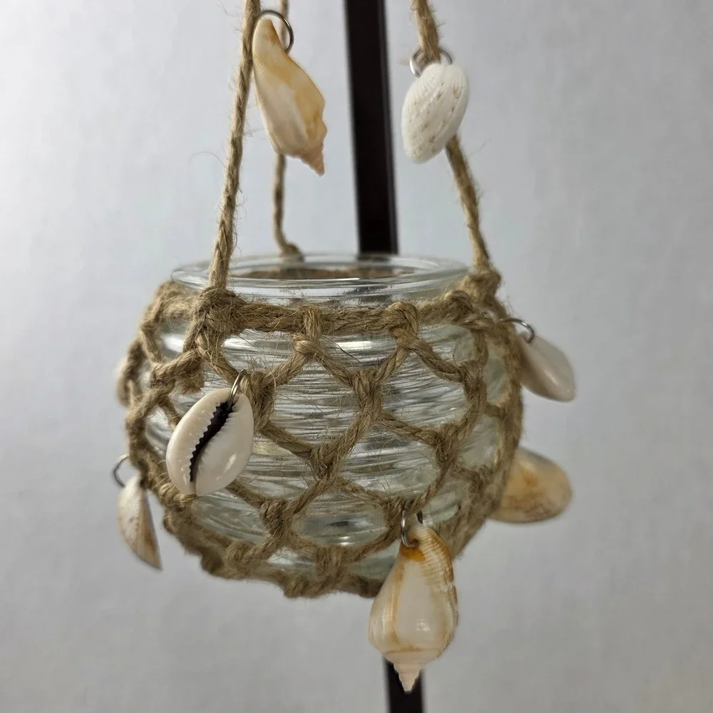 Nantucket Home Set of 3 Hanging Glass Votive Holders Jute Net Seashell Coastal